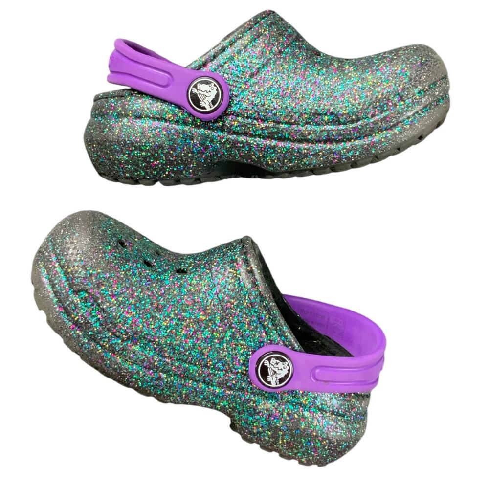 Crocs Kids Classic Glitter Clogs Purple Strap Black Sparkle C7 Toddler Shoes
